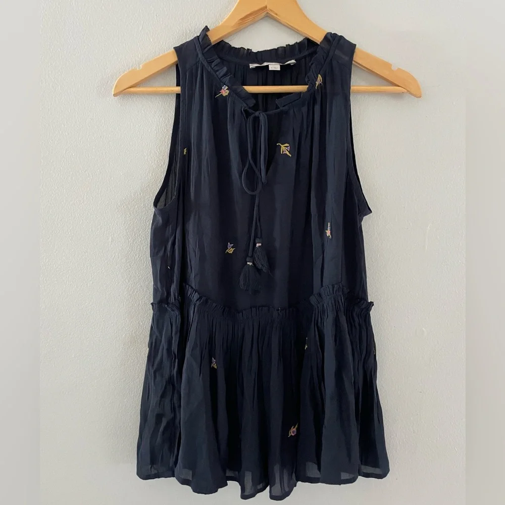 LOFT Dark Blue & Floral Embroidered Sleeveless Sheer Blouse - Picture 1 of 6